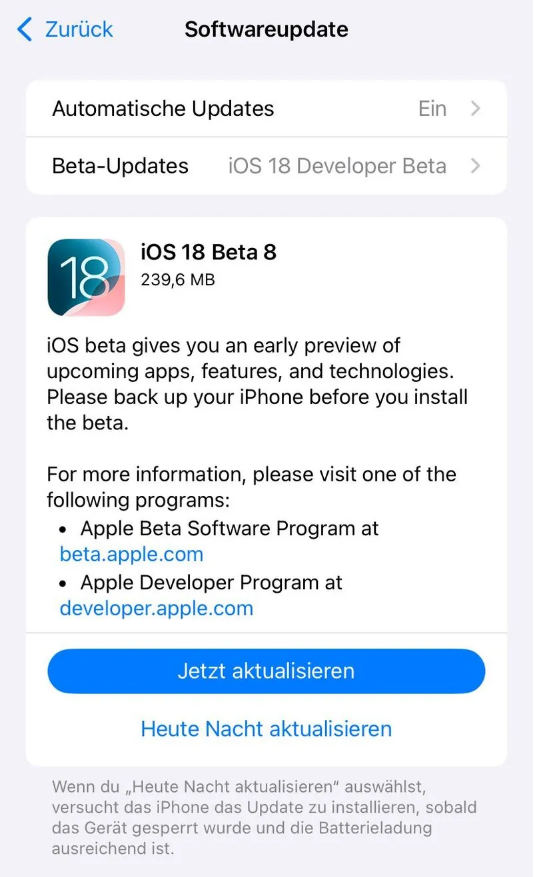 化隆苹果手机维修分享苹果 iOS / iPadOS 18 开发者预览版 Beta 8 发布 